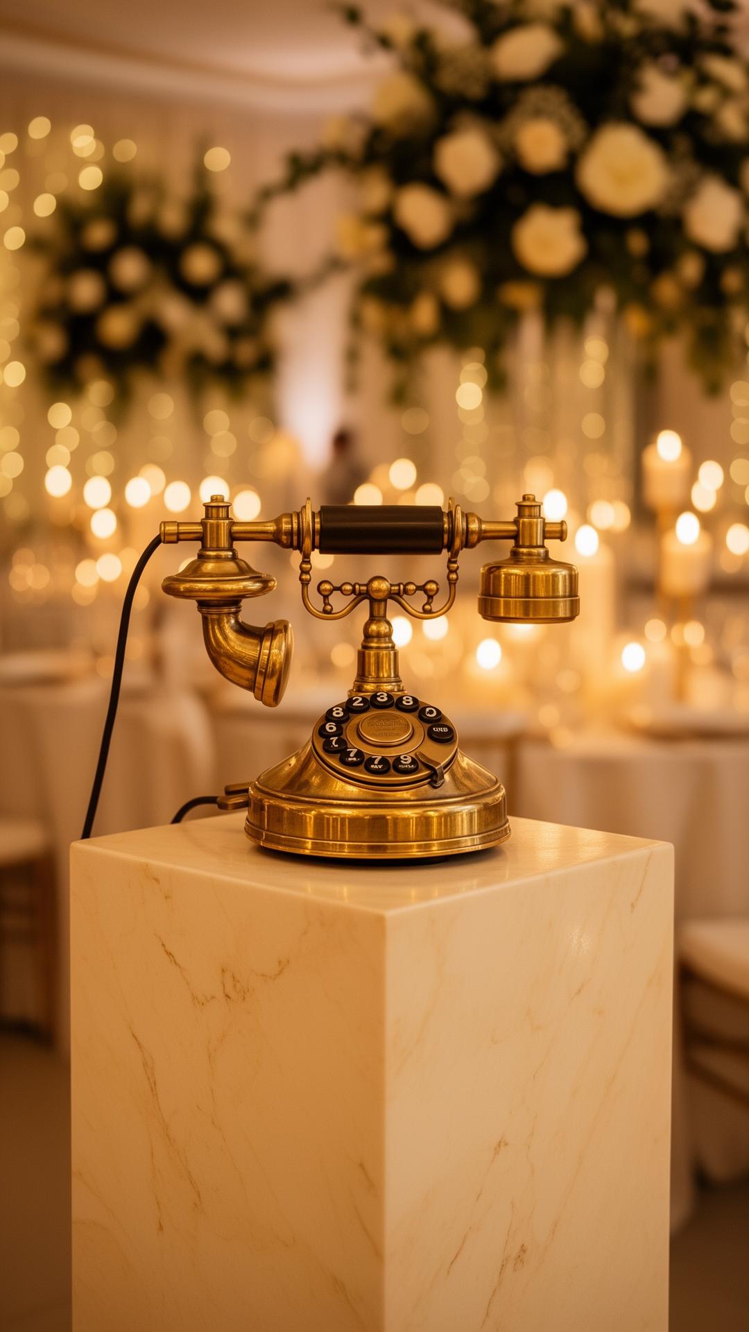Vintage golden telephone on a marble plinth at a wedding reception